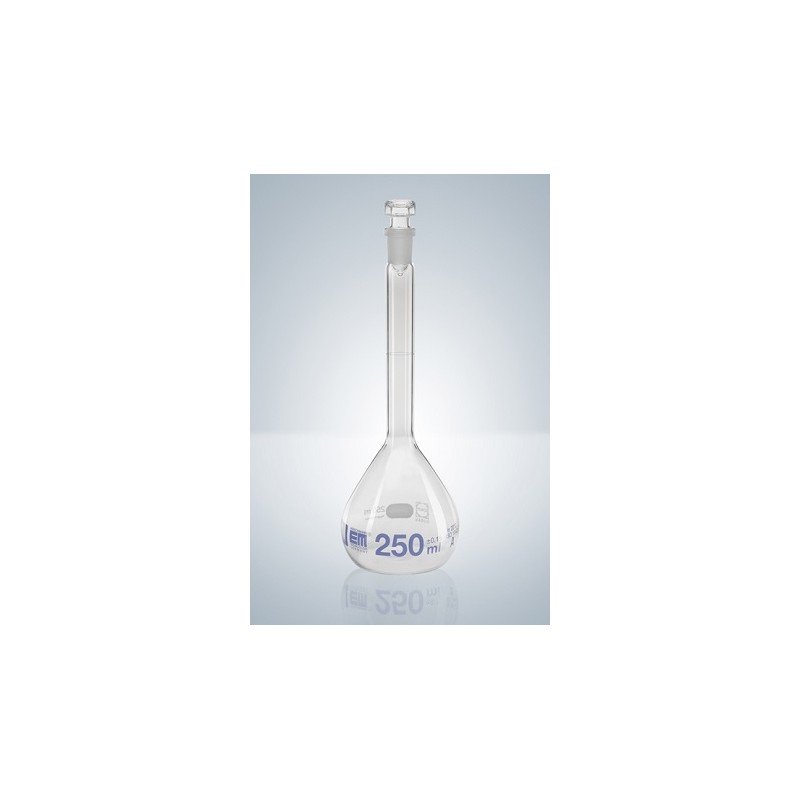 Volumetric flask 20 ml Duran class A CC glass stopper blue