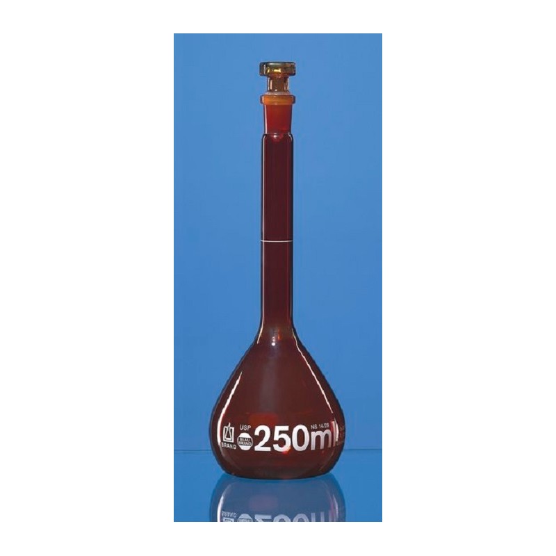 Volumetric flask 100 ml Boro 3.3 amber USP CC glass stopper